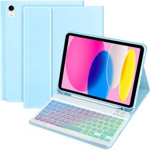 Coque Clavier pour iPad10/11 ?me G&iquest;&iquest;n&iquest;&iquest;ration (10.9 Pouces 2022/11 Pouces A16 2025), Tablette avec Porte-Stylo, Clavier AZERTY Portable Bluetooth R&iquest;&iquest;tro&iquest;&iquest;clairage 7 Couleurs (Bleu) - Neuf