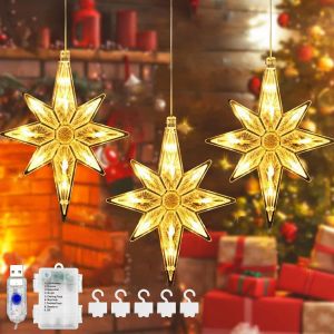 Kal-Étoile Decoration Noel Fenetre Lumineuse, 30 Leds Lumières De Noël Fenêtre, Décoration De Fenêtre Étoiles Avec Crochet De Minuterie À Piles, Lumiere Noel Fenetre À Piles Pour Fenêtre, Balcon, Fêt - Neuf