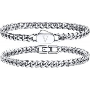 Eryi-Bracelets Initiales Pour Hommes, 2 Pièces Bracelet Lettres A-Z Bracelet Argent Homme Acier Inoxydable Bijoux Homme Personnalisé Cadeaux Pour Papa Petit Ami Mari Fils - Neuf