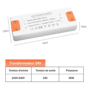 Transformateur 220V 24V LED 36W, LED Driver Alimentation 24V 1.5A, convertisseur 220v 24v led, Convertisseur De Tension AC &agrave; DC Adaptateur Transfo Constante Pour G4, GU5.3, MR11, MR16 - Neuf