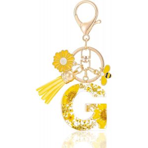 KAL-Letter Keychains Initiale Lettre Porte Clef Lettre,Alphabet Initial Keyring Avec Pampille Pendentif,Jaune Pétales Feuille D'Or Key Ring Pour Femmes Filles Portefeuilles Sac À Main Charme - Neuf
