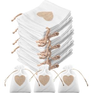 MEVRONISSHOP-30PCS Sachets en Toile de Jute 10x14cm Pochettes Jute en Motif de Coeur Lot de Petit Sac avec Cordon Continir Bonbons Bijoux Boite Cadeau Dragees pour Mariage Baptême Anniversaire Noël - Neuf