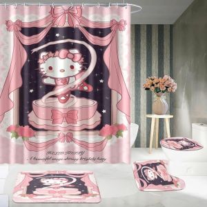 1/4 Hello Kitty Dessin Animé Mignon Rideau De Douche Ensemble De Salle De Bain,Tapis De Sol Antidérapant,Tapis De Sol En Forme De U,Siège De Toilette,Accessoires De Salle De Bain.20. 90x 180 Set - Neuf
