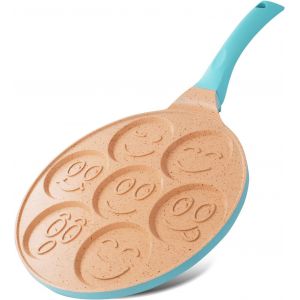 SUBZONAL-Joeji's Kitchen Po&ecirc;le &agrave; Cr&ecirc;pe Pancakes Blinis avec Smileys - 7 trous en Aluminium Antiadh&eacute;sif - Poele a Crepe induction ou gaz de 26,5 cm - Po&ecirc;le &agrave; Frire Mini ?ufs pour les Enfants - Bleu - Neuf