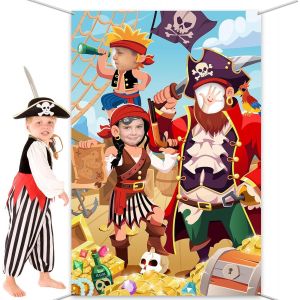 Mdy-Pirate Fête Photobooth Bannière En Tissu, Jeu De Visage De Pirate Drôle Pour Décoration De Fête D'anniversaire Enfant Garçon, Grand Pirate Photo Booth Props Pirate Fête Fond Déco, 3,3 * 5 Pieds - Neuf