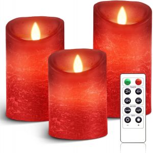 Fabur-3 Set Bougies Led Sans Flamme Fonctionne Sur Batterie Avec Télécommande À 10 Touches Et Minuterie Cycliste 24 Heures, Rouge Vraie Cire Flickering Moving Mèche Scintillante Lumière Jaune Ambre - Neuf
