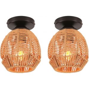 Kal-Lot De 2 Plafonnier Vintage E27 Lampe De Plafond Rétro Abat-Jour En Métal Et Rotin Luminaire Plafonnier Pour Chambre À Coucher Cuisine Couloir, Ø13cm - Neuf