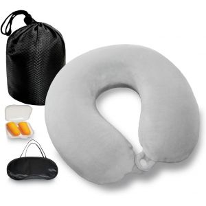 Trahoo-Oreiller De Voyage En Mousse À Mémoire De Forme Avec Masque De Sommeil/Bouchons D'oreille/Paquet, Oreiller Léger De Soutien Du Cou Pour Le Camping, La Voiture, Gris - Neuf