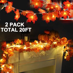 Lot de 2 guirlandes lumineuses d'automne en feuilles d'érable, 6 m, 40 LED, étanches, à piles, pour décoration d'intérieur et d'extérieur - Neuf