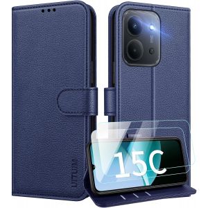 JGD-Coque pour Xiaomi Redmi 15C 5G/4G Coque Etui Portefeuille Cuir avec 2 Verre Tremp&eacute; Protection &Eacute;cran Porte Carte Rabat Clapet Flip Case &Eacute;tui Cover Housse Etui pour Redmi 15C 5G/4G,Bleu - Neuf
