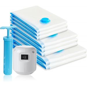 lbgwp60-Sac Sous Vide Vetement Aspirateur, 8 Pièces Sac De Rangement Sous Vide, Sac Rangement Sous Vide Aspirateur, Avec Pompe À Vide Électrique Et Manuelle, Pour Vêtements, Couettes (3 Tailles) - Neuf