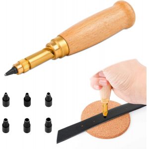Perforatrice automatique pour cuir, manche en bois, avec 6 pointes de reliure, 1,5 mm, 2 mm, 2,5 mm, 3 mm, 3,5 mm, 4 mm, perforatrice remplaçable pour couture, cuir, papier et loisirs créatifs. - Neuf