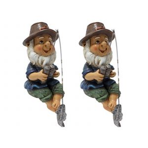 Lot de 2 statues de nains de jardin p&ecirc;cheurs en r&eacute;sine d&eacute;corative - Neuf