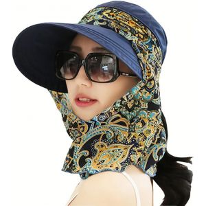Asas-2 En 1 Femme Chapeau De Soleil Été Pliable Casquette Visière Large Bord Anti-Uv Casquette De Protection Solaire À 360° Avec Cache-Foulard Détachable Pour Plage Voyage Vacances Vélo Camping Jardinage - Neuf