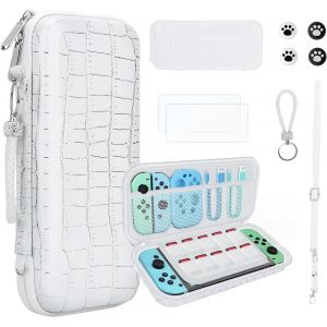 10 En 1 Pochette De Transport Compatible Avec Nintendo Switch Oled, Nouveau Crocodile Texture Rigide Housse De Protection Avec Protecteur D'écran, Coque De Switch Et Plus D'accessoires (Blanc) - Neuf