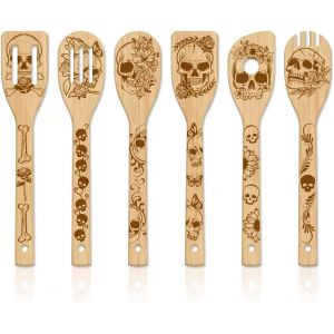 Kal-6 Pièces Ustensiles De Cuisine En Bambou Squelette Ensemble De Cuillères De Cuisine Gravées En Bois Spatule En Bambou Cuillère De Cuisson En Bois Pour Mère L'amie Femmes Cadeau - Neuf