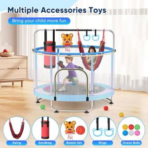 Trampoline Enfant R&eacute;glable Avec Accessoires Balan&ccedil;oire, Panier De Basket, Balles Color&eacute;es Usage Int&eacute;rieur Couleur Bleu - Neuf