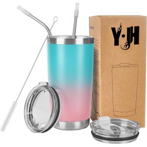 Eryi-20oz (550ml) Gobelet De Voyage Tasse À Café À Paroi Double Isolée Sous Vide Acier Inoxydable,Avec 2 Couvercles Anti-Éclaboussures, 2 Pailles Et Brosse De Canalisation, Sans Bpa - Turquoise&rose - Neuf