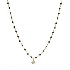 Collier Argent Dor&eacute; &Eacute;toile En Zirconium Blanc Et Pierres Spinelle Noires - Neuf