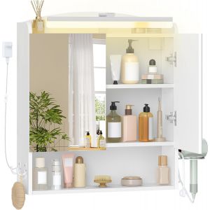 SUBZONAL-Armoire Murale Salle de Bain avec Miroir et LED, Meuble de Salle de Bain avec miroir, prise et interrupteur, avec &Eacute;tag&egrave;re R&eacute;glable, Support S&egrave;che-Cheveux, Blanc 16,5 x 60 x 68,5 cm MC10003XE - Neuf