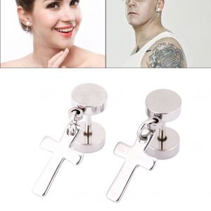 1 Paire De Boucles D'oreilles Elegantes En Acier Titane Pour Hommes Et Femmes, En Forme De Croix (Argent) - Neuf