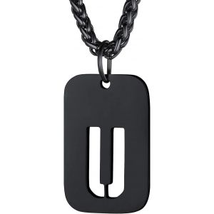 Trahoo-Collier Homme Plaque Initiale Noir En Acier Inoxydable, Chaîne Pendentif Dog Tag Avec L'alphabet Creux - Neuf