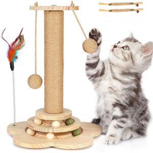 Letnerny-Tronc À Griffer Pour Chat - Jouet Interactif Avec Balles Suspendues - Jouet Pour Chat - Jouet En Bois - Neuf