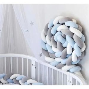 3m Tour De Lit Coussin Serpent Coussin Tressé Pare-Chocs Velours Protection Bébé (Blanc+Gris+Bleu) - Neuf