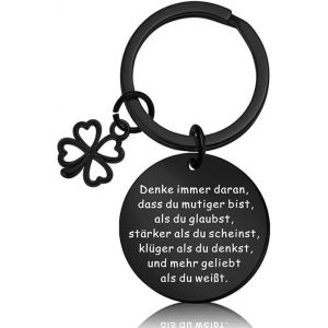 KAL-Porte-Clés Inspirant Cadeau, Porte-Bonheur, Porte-Clés D'Encouragement, Porte-Clés De Motivation, Porte-Clés Gravé, Porte-Clés Trèfle À Quatre Feuilles, Porte-Bonheur Rond Noir - Neuf