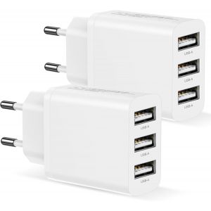 TRAHOO-Chargeur USB Multiple 2Pack, Prise Multiple USB 3Port 15W/3A Prise Multiple Secteur Chargeur Adaptateur Chargeur pour Apple iPhone 17/16/15/14/13/12/11/X/8/7,Samsung Galaxy S25/S24/S23/S22/S21 - Neuf