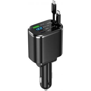 JGD-105W Chargeur Allume-Cigare 5-en-1 avec C&acirc;ble USB-C R&eacute;tractable | 3 Ports (PD 30W + QC3.0 + USB-A) | Charge Rapide pour iPhone 15/14/13, Samsung S23/S22, AirPods, Tablettes | Compatible GPS, Dash - Neuf