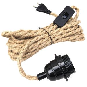 KALANKA-Lustre Corde de Chanvre Câble 4.5m, Douille E27 Interrupteur avec Fil Cable Ampoule, DIY Suspension Luminaire Lampe Créative Lumière Pendante Industrielle, pour Maison, Chambre, Bar - Neuf