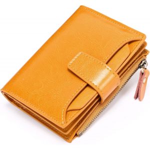 Portefeuille compact en cuir jaune pour femme, petit format, avec fermeture &eacute;clair et fen&ecirc;tre pour carte d'identit&eacute; - Neuf