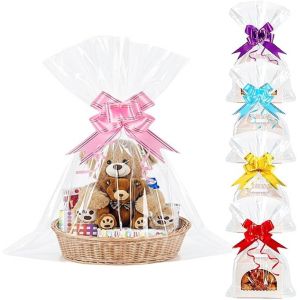 MEVRONISSHOP-Lot de 20 Grands Sacs Cadeaux en Cellophane Transparent - 50 x 60 cm - Film Panier Cadeau Transparent avec 20 N?uds &agrave; Tirer pour Paniers, Fleurs, Mariage - Neuf