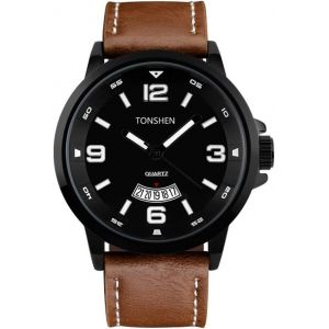 Montre Hommes Analogique Quartz Montres Homme Date Calendrier Bande De Cuir Et Lunette Acier Inoxydable Grand Cadran Montre - Neuf