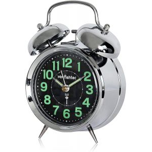 FISHTEC - R&eacute;veil R&eacute;tro Phosphorescent - Radiopilot&eacute; - R&eacute;veil Vintage avec Double Cloche - Fonctionne &agrave; Piles - Horloge de Chevet - Chrom&eacute; - 18 CM - Vert Fluorescent - Vintage - Neuf