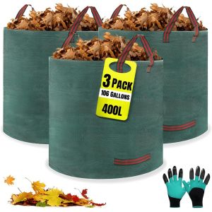 MEVRONISSHOP-3 x 400L sacs de jardin, sacs &agrave; d&eacute;chets de jardin gants inclus, 4 poign&eacute;es, autonome, imperm&eacute;able, sac &agrave; feuilles durable et r&eacute;sistant &agrave; la corrosion, adapt&eacute; aux d&eacute;chets de jardin (3x400 - Neuf