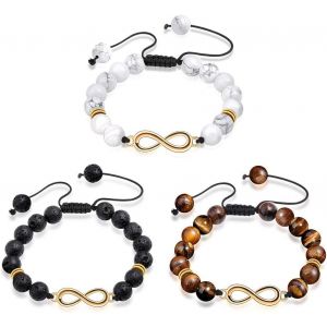 Kal-Bracelet De La Mode En Perles De Pierre Volcanique Pour Hommes, Bracelet En Alliage Avec Symbole Infini, Chaîne Réglable 18-20cm, Cadeau De Noël Ou D'anniversaire - Neuf