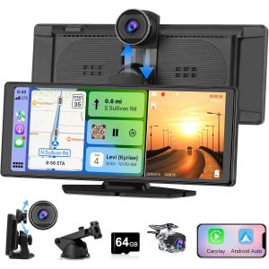 JKUN-Carplay Sans Fil Et Pour Carplay&Android Auto,Avec Dashcam Avant 4K,Caméra Arrière 1080P,Portable,Écran Tactile De 10,26 Pouce Avec Bluetooth/Gps/Fm/Aux/Lien Miroir/Carte Tf 64G - Neuf