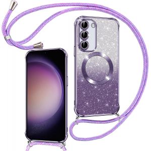 TRAHOO-Couqe Magn&eacute;tique pour Samsung Galaxy S23 Plus 5G Con Cordon, Compatible avec MagSafe, Brillant Glitter Paillet&eacute; Antichoc Durable R&eacute;sistante Etui pour Samsung S23 Plus 5G Bumper, Violet - Neuf