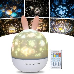 [Lapin Rose] Veilleuse Ciel Étoilé Pour Enfants, Veilleuse Musicale Rotative À 360° + Minuterie + Télécommande + 6 Couleurs, Veilleuse Led Rechargeable Ciel Étoilé Cadeau De Noël Anniversaire Bébé - Neuf