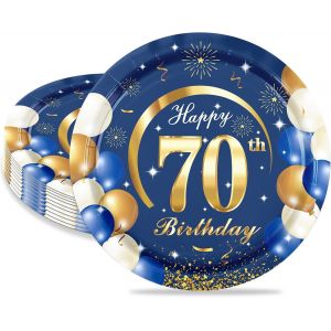 16 Pièces Assiette Pour Fête Anniversaire 70 Ans,7 Pouces/18cm Bleu Or Papier Assiette Dessert Plateau Vaisselle Pour Décoration Anniversaire 70 Ans Homme Femme - Neuf