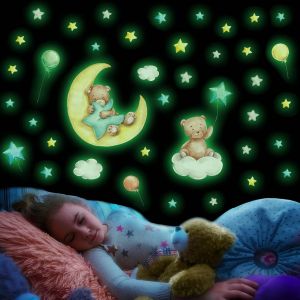 Trahoo-Stickers Mural Ourson Lumineux, Ours Lumineuses Wall Stickers, Fluorescent Autocollant Mural Lune Étoile, Phosphorescentes Stickers Muraux Amovible, Décor Cadeau Pour D'enfants Garçons Fille C - Neuf