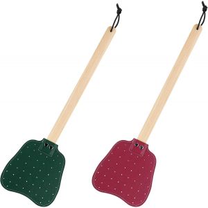 KALANKA-2pcs Tapettes Mouche Cuir, Longue Poignée Bois Tapette Mouches Manuelle avec Corde Suspension Tapette Mouches Cuir Pratique Robuste l'Intérieur Mouches Moustiques Abeilles(Rouge, Vert Foncé) - Neuf