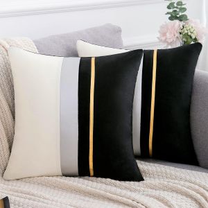 Housses De Coussin De Canapé 45 × 45 Cm Velours Taie D'oreiller En Cuir Doré Rayé Patchwork Luxe Moderne Pour Siège Chambre Salon Décor Maison,Noir,Lot De 2 - Neuf