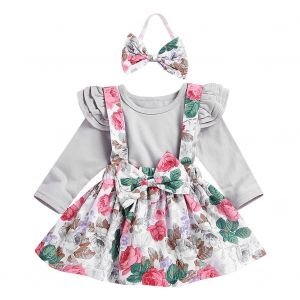 Jupe Imprimee Pour Bebe Fille, Jupe A Bretelles, Body Et Bandeau, Gris (80) - Neuf