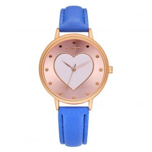 Gaiety Pu Strap Montre Cadran En Forme De Coeur Bo&icirc;tier Rond Analogique Quartz Montre-Bracelet Bleu - Neuf