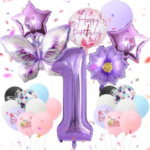 CAUC-24Pcs Ballon Papillon Violet Anniversaire 1 Ans Ballons en Aluminium Papillon Fleurs Ballon Anniversaire Enfant Party Deco Nombre 1 Ballon pour Fille Gar&ccedil;on Anniversaire Party D&eacute;coration - Neuf