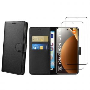 Coque pour Xiaomi Redmi Note 15 PRO PLUS 5G et 2 Verres Tremp&eacute; - Portefeuille Noir Rabat Clapet Aimant&eacute; Rangement Cartes Phonillico&reg; - Neuf