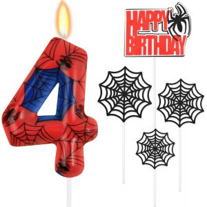 Mevronisshop-Lot De 4 Bougies D'anniversaire, En Forme De Chiffre, D&eacute;coration D'araign&eacute;e, Avec Toile D'araign&eacute;e, Bleu Et Rouge, Pour Gar&ccedil;ons Et Filles, Pour Le 4e Anniversaire - Neuf